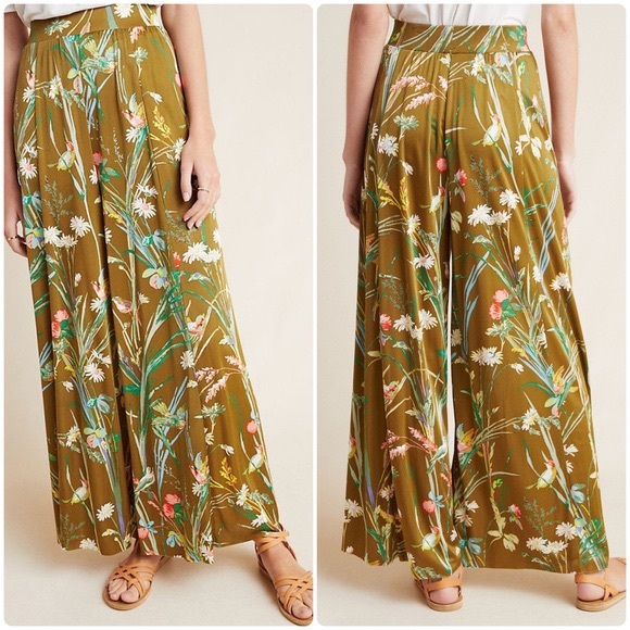 Anthropologie MAEVE Shiloh Knit Wide Leg Green Floral Pants Size Small - Picture 1 of 8